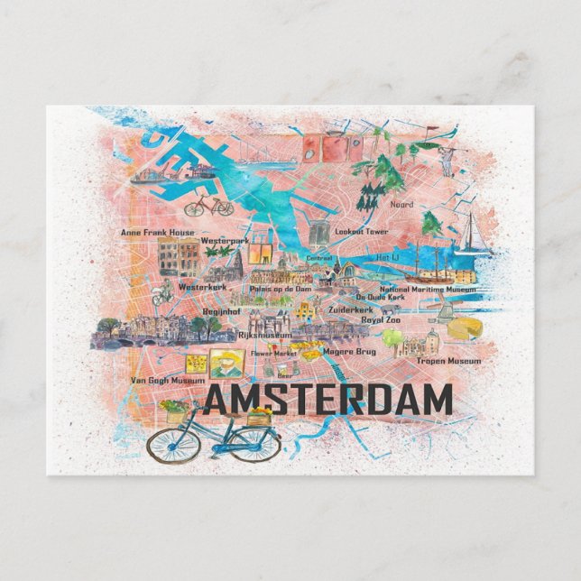 Carte illustrée d'Amsterdam Pays-Bas (Devant)