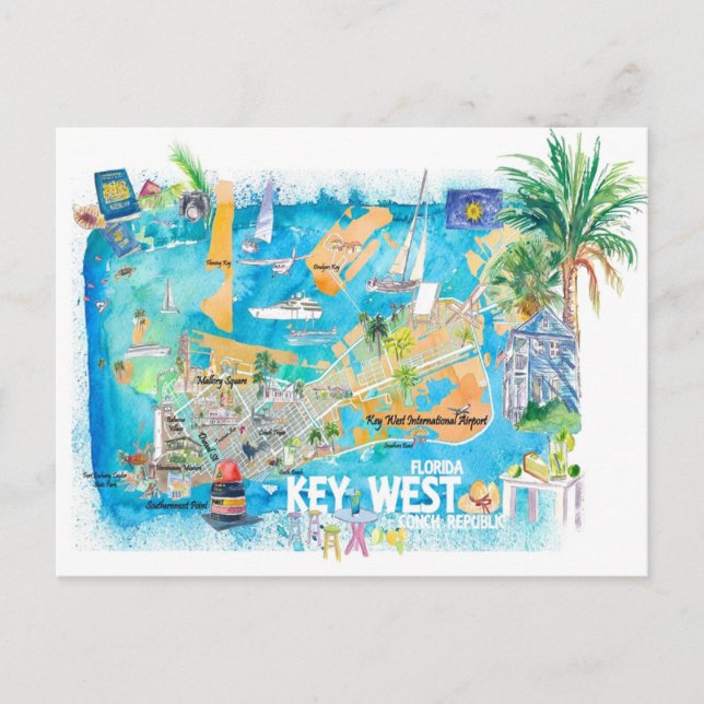 Carte illustrée de Key West en Floride avec les ro (Devant)
