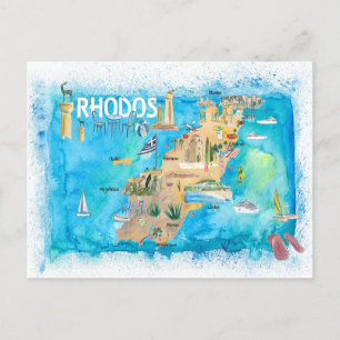 Carte illustrée de Rhodes Grèce avec des monuments