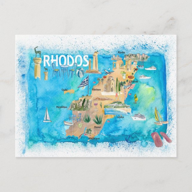 Carte illustrée de Rhodes Grèce avec des monuments (Devant)