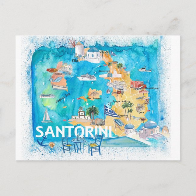 Carte illustrée de Santorin Grèce avec les princip (Devant)