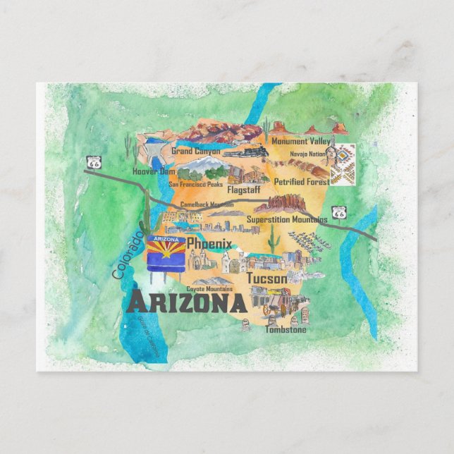 Carte illustrée de voyage de l'État d'Arizona État (Devant)