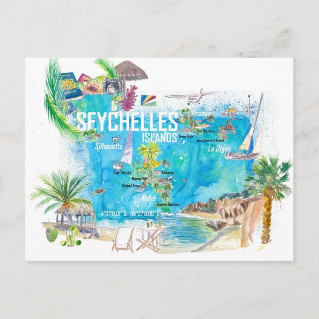 Carte illustrée de voyage des îles Seychelles  (Devant)
