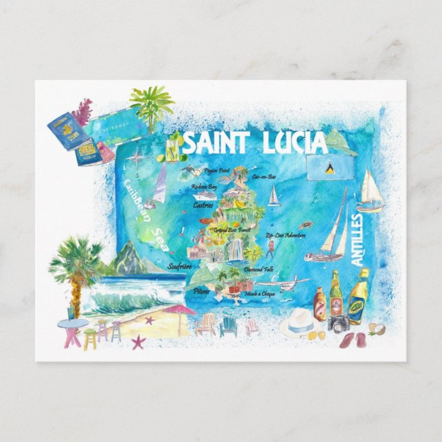 Carte illustrée des Antilles de Sainte-Lucie (Devant)