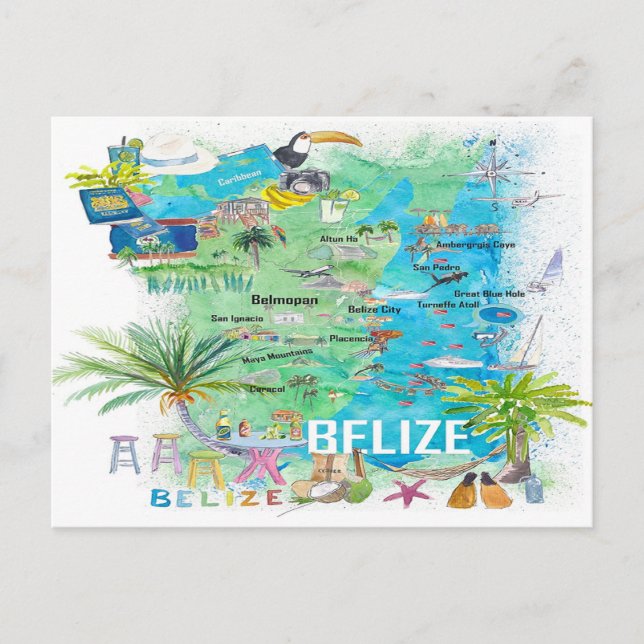 Carte illustrée des Caraïbes du Belize avec routes (Devant)