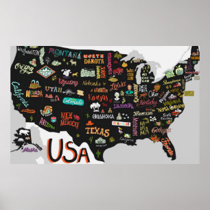 Carte illustrée des États-Unis. Poster avec états