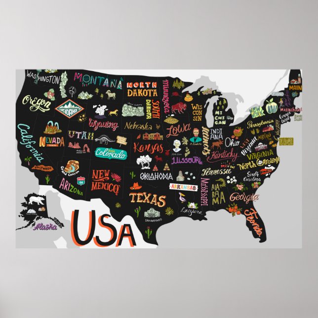 Carte illustrée des États-Unis. Poster avec états  (Devant)