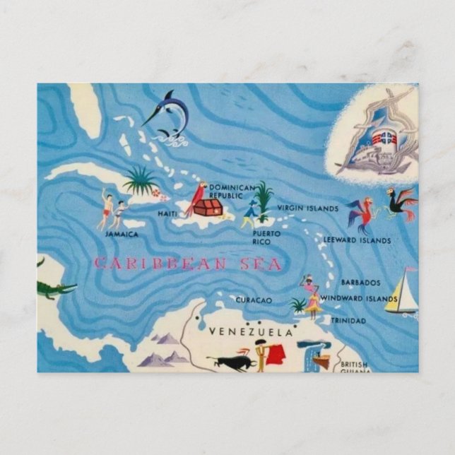 Carte illustrée des îles des Caraïbes (Devant)