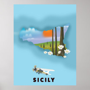 Carte illustrée Sicile poster voyage