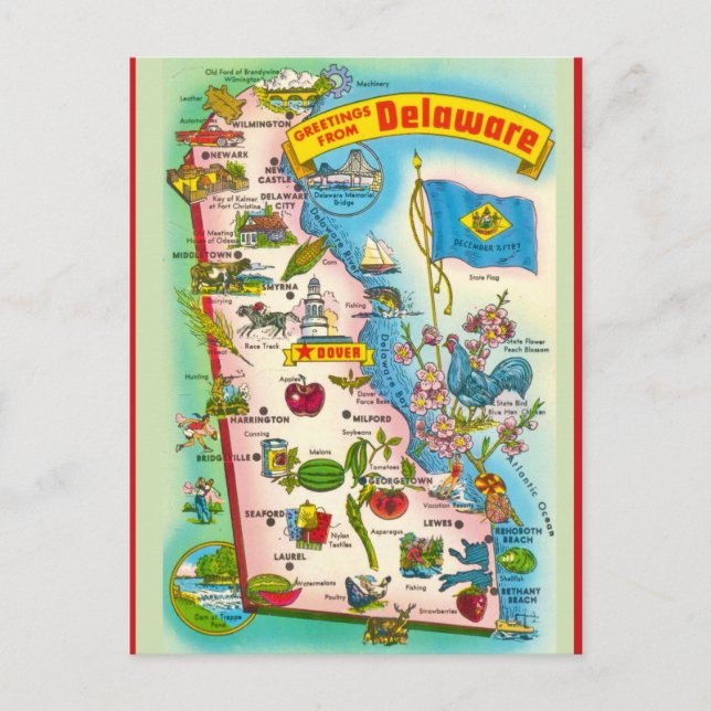 Carte illustrée vintage du Delaware (Devant)