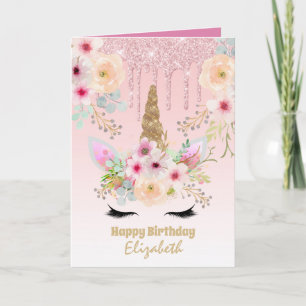 Carte Imaginaire Unicorne mignon jolie fille rose or nom