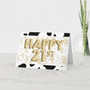 Carte Impression de vache et Ballons d'or Joyeux 21e ann
