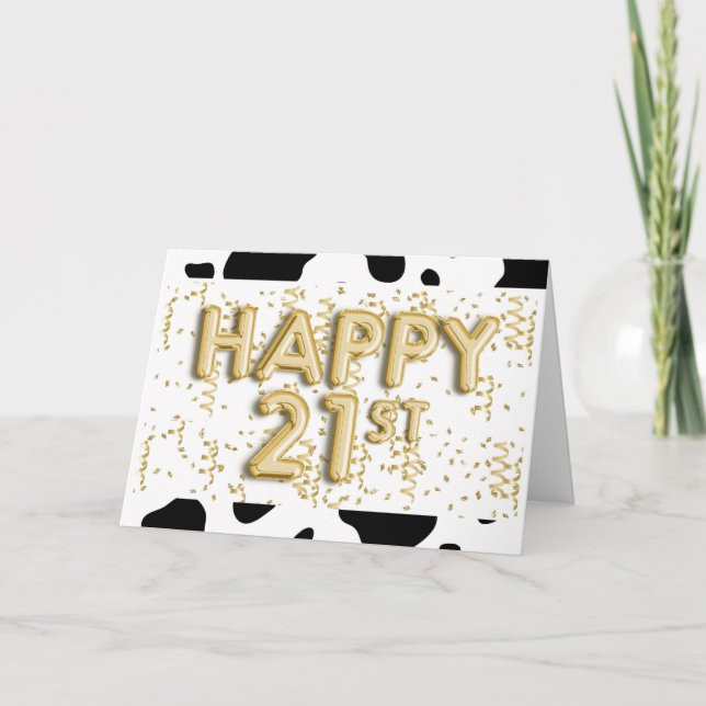 Carte Impression de vache et Ballons d'or Joyeux 21e ann (Devant)