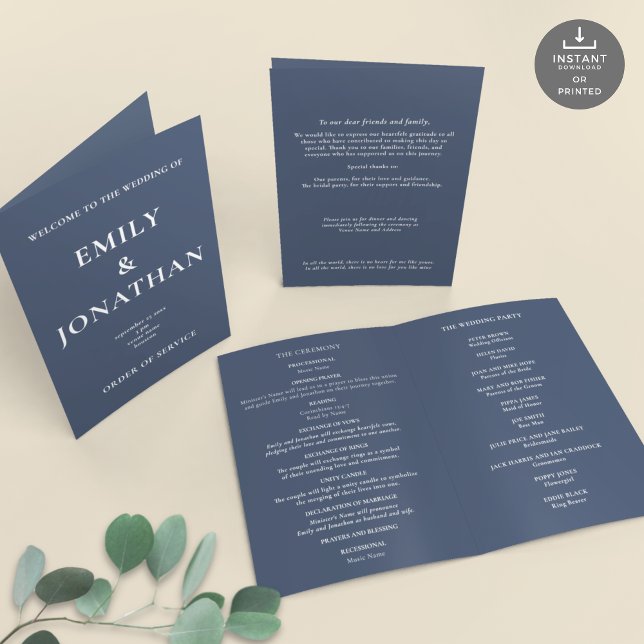 Carte Imprimable Dusty Navy Church Folded Wedding Progra (Views of front and back and inside)