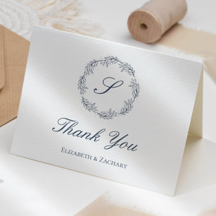 Carte Indigo Blue Monogramme Mariage de couronne Merci