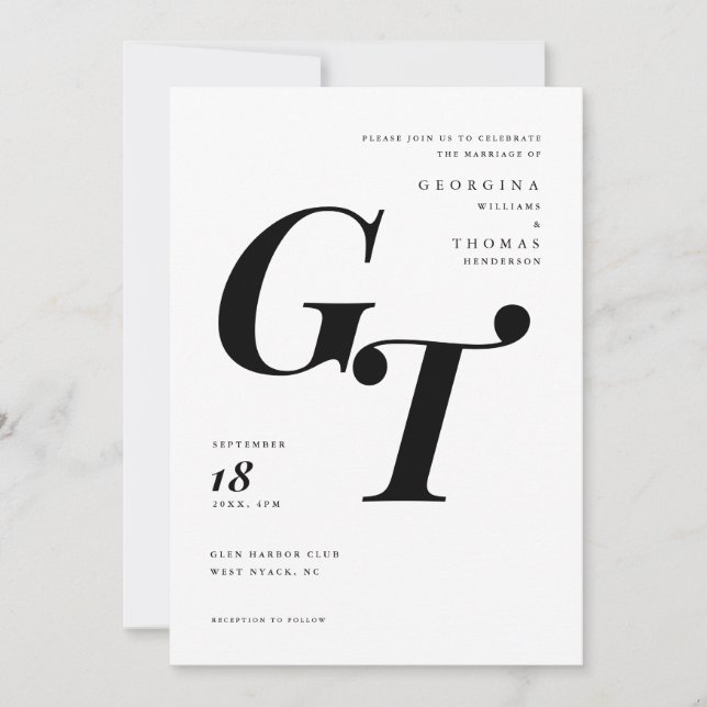 Carte Initiales classiques | Mariage moderne noir et bla (Devant)