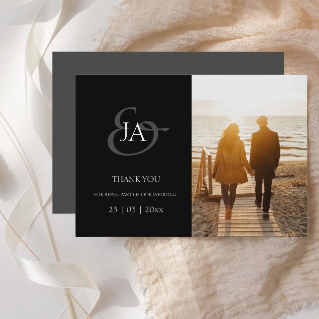 Carte Initiales noires modernes Photo Mariage Merci (Créateur téléchargé)