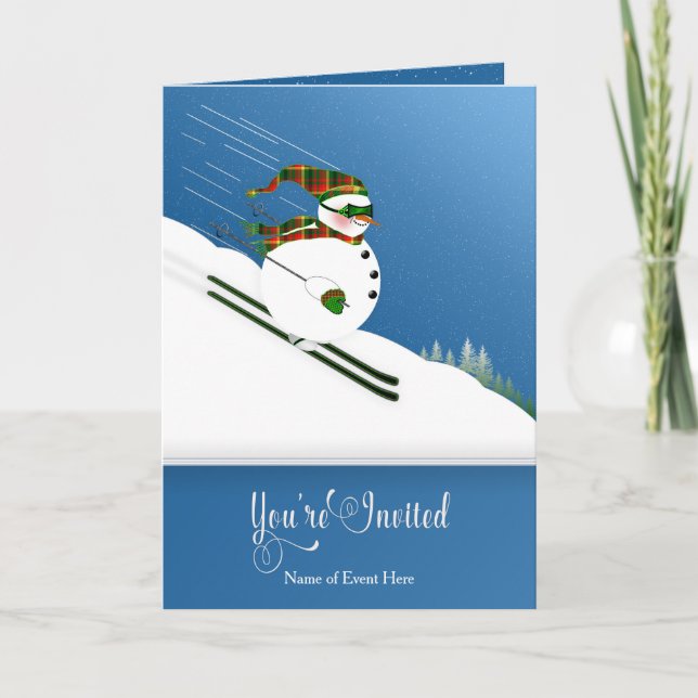 Carte Invitation, Événement d'hiver, Happy Snowman Skiin (Devant)