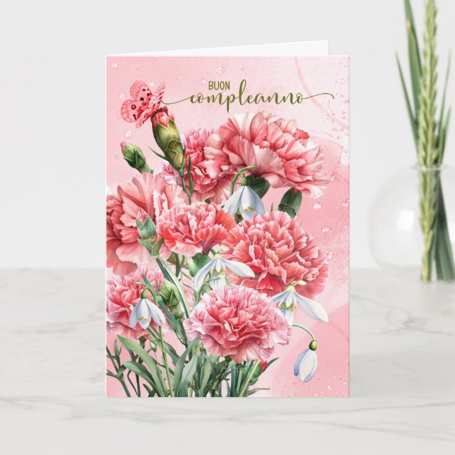 Carte Italien Buon Compleanno oeillets roses Anniversair (Devant)