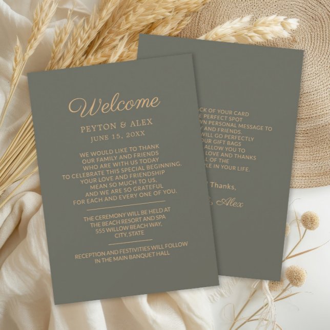 Carte Itinéraire de bienvenue du Mariage vert olive (Olive/sage green Wedding Welcome Itinerary 2-sided card)