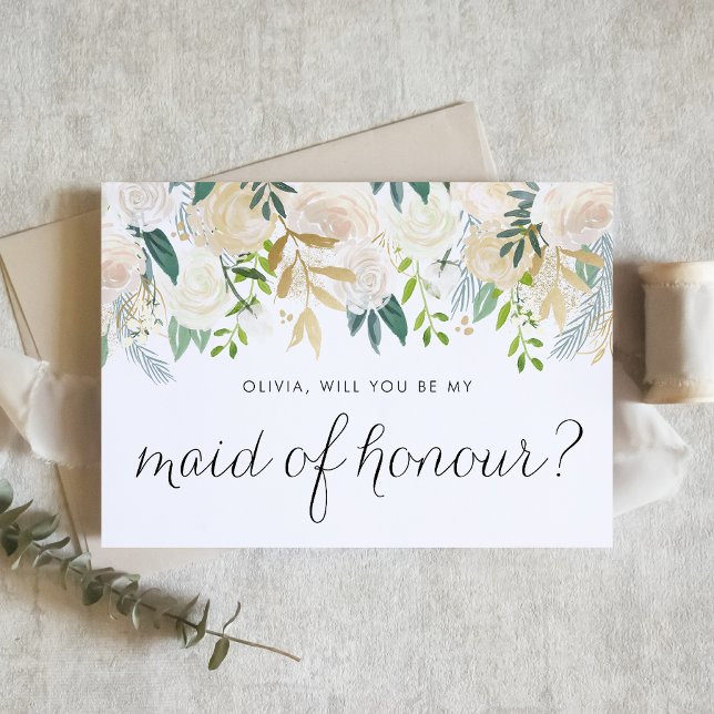 Carte Ivory Floral Garland Serez-vous ma servante d'honn (Floral maid of honour proposal card with ivory flowers, greenery, and faux gold foil accent.)