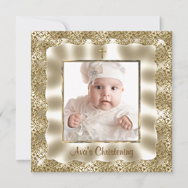 Carte Ivory Gold Lace Baby Photo Baptême Christening (Devant)