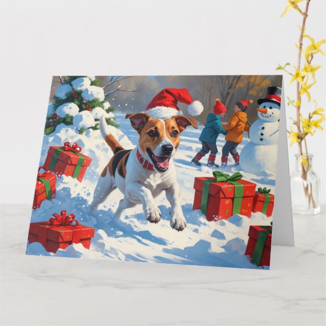 Carte Jack Russell Courir en neige avec Casquette de Noë (Fleur jaune)
