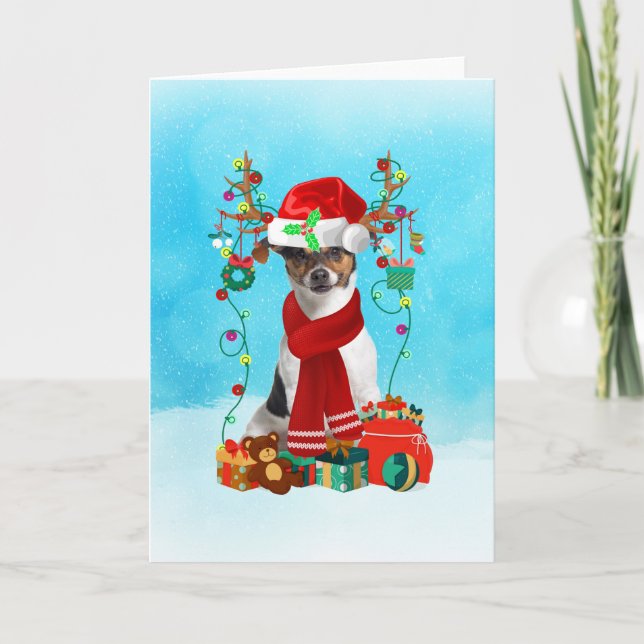 Carte Jack Russell dans la neige avec des cadeaux de Noë (Devant)