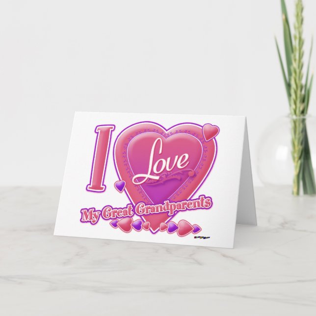Carte J'aime mes arrière-grands-parents rose/violet - cœ (Devant)