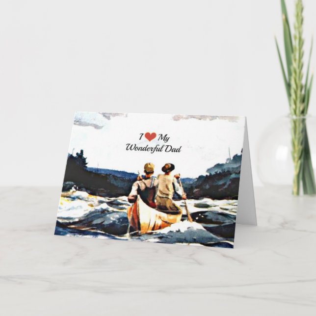 Carte J'aime mon merveilleux père, canot dans les rapide (Devant)
