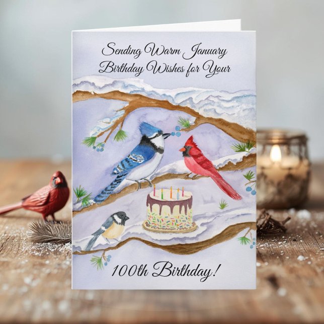 Carte January 100th Birthday Backyard Birds Watercolor (Créateur téléchargé)
