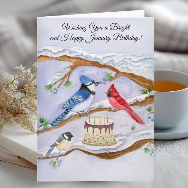 Carte January Birthday with Backyard Birds and Cake (Créateur téléchargé)
