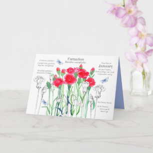 Carte Janvier Anniversaire Fleurs d'oeillet rose rouge