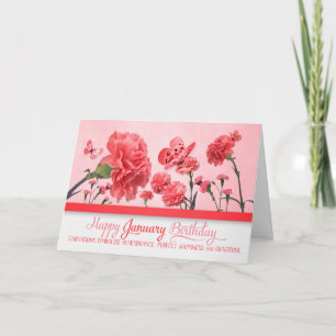 Carte Janvier Anniversaire oeillets roses avec papillons