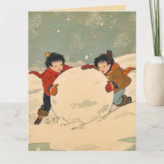 Carte Japanese children rolling big snow ball