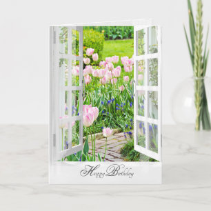 Carte jardin d'anniversaire avec tulipes roses