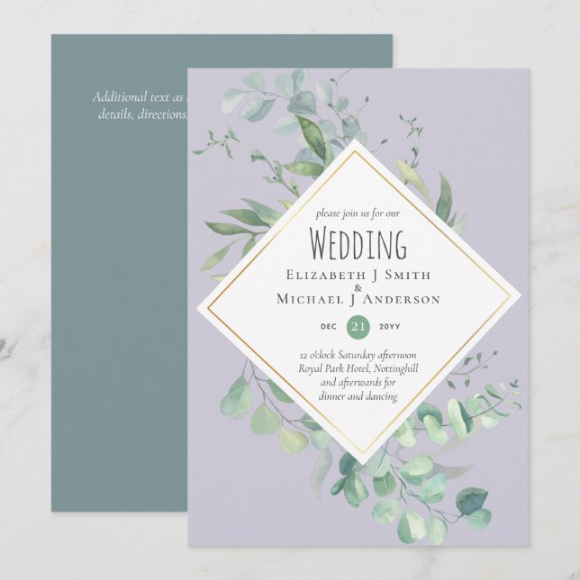 Carte Jardin Eucalyptus Verdure DUSTY Purple Mariage (Devant / Derrière)