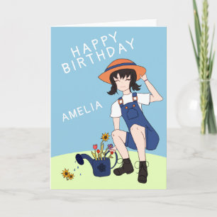 Carte Jardin mignon Fleurs Filles Cheveux Noir Anniversa