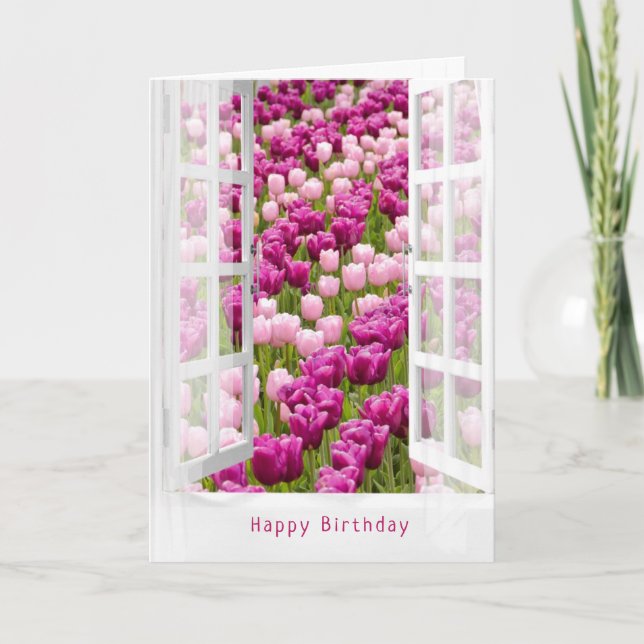 Carte Jardin tulipe hollandais en fenêtre pour Anniversa (Devant)