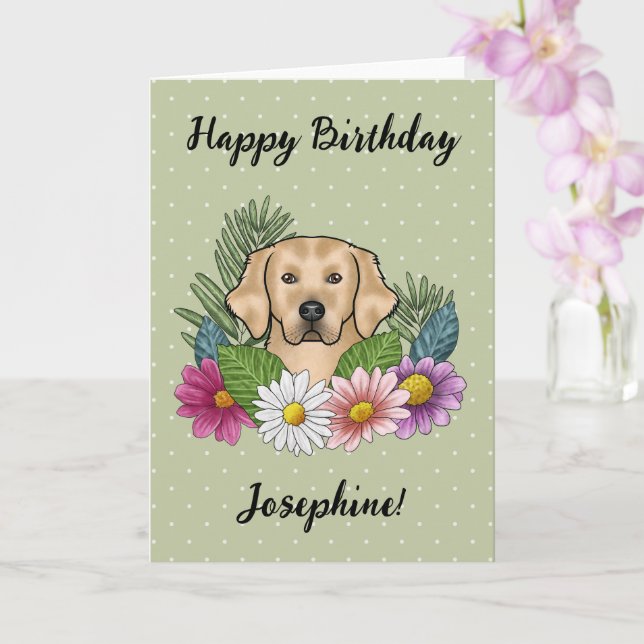 Carte Jaune Golden Retriever Fleurs colorées Anniversair (Orchidée)