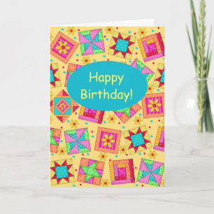 Carte Jaune Patchwork Quilt Block Art Joyeux anniversair