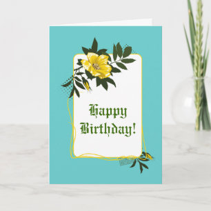 Carte Jaune sauvage rose aqua floral Joyeux anniversaire