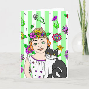 Carte Je Pense À Vous.   Folk Art Girl and Cat
