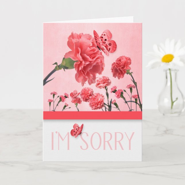 Carte Je suis désolé Oeillets roses avec papillons (Petite plante)