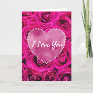 Carte Je t'aime avec des roses et un cœur rose salutatio