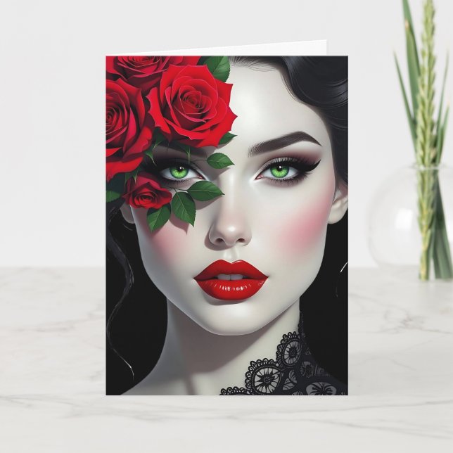 Carte Je t'aime | Belle femme avec rose rouge (Devant)