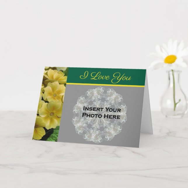 Carte Je t'aime fleurs de primevère Photo personnalisée  (Petite plante)