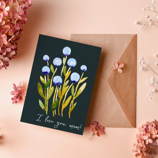 Carte Je t'aime maman fleurs d'aquarelle bleu minime (Créateur téléchargé)