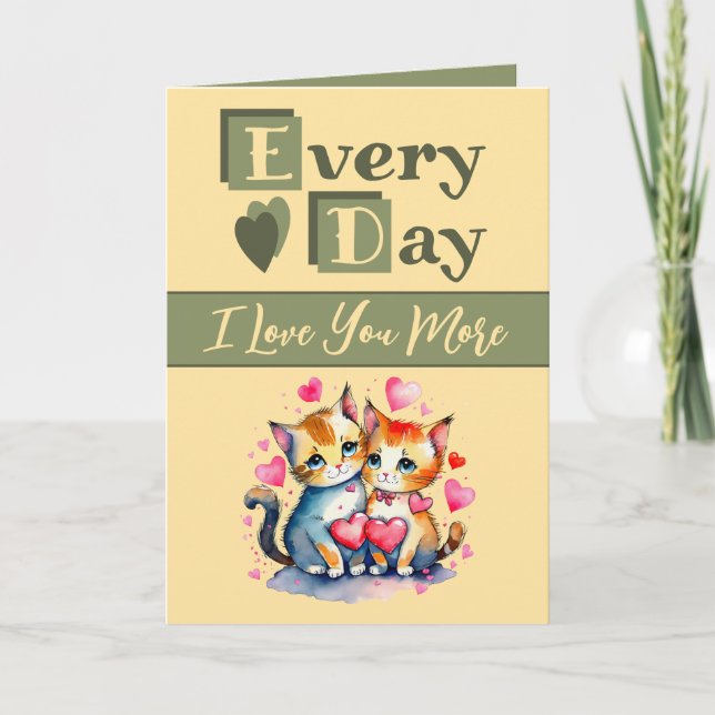 Carte Je t'aime plus de chats vert jaune Valentine (Devant)