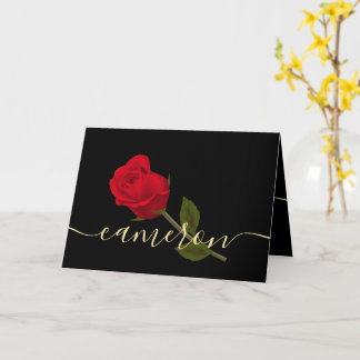 Carte Je vous aime Rose rouge sur Noir et Or Monogramme